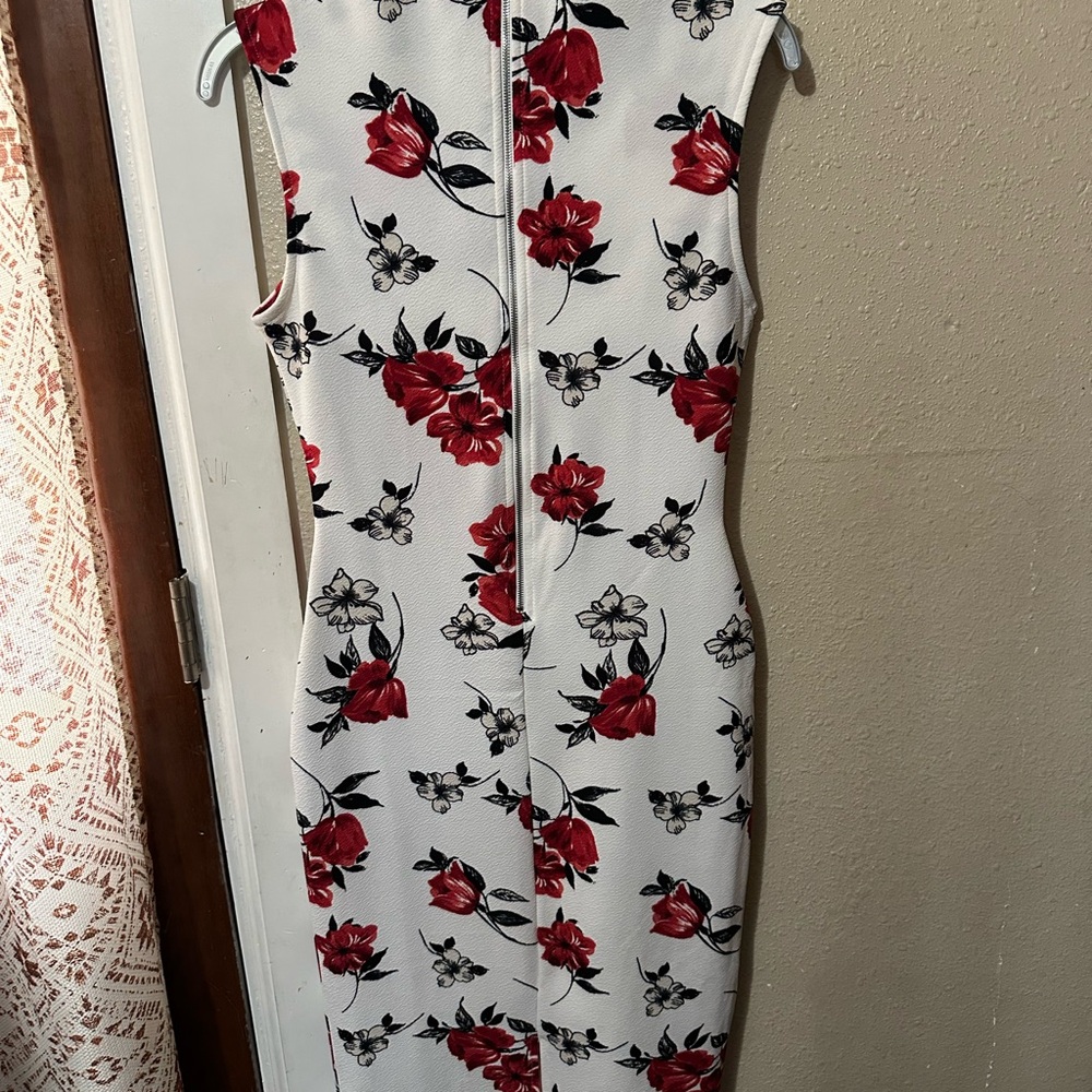 Floral Sleeveless Dress - Red and Black on White